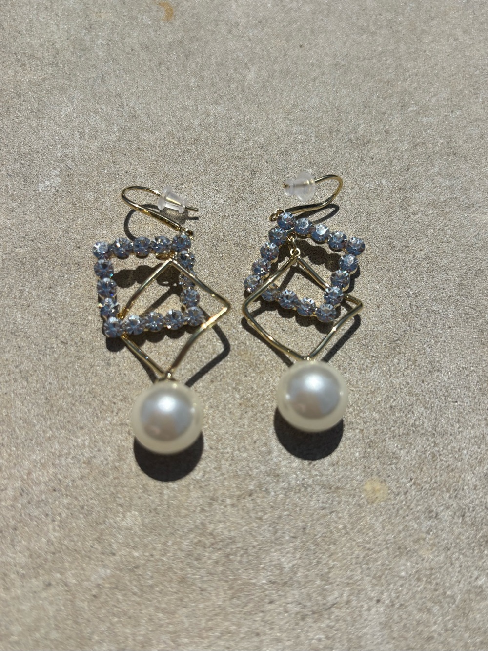 Gold-Tone Crystal Square & Pearl Drop Earrings - White Pearls